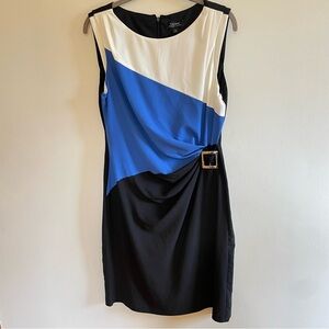 Tahari color block dress. Asymmetrical Blue black and white size 10